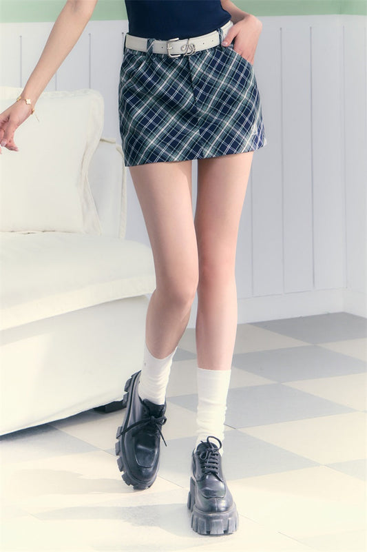 Retro Navy Blue Checked Mini Skirt