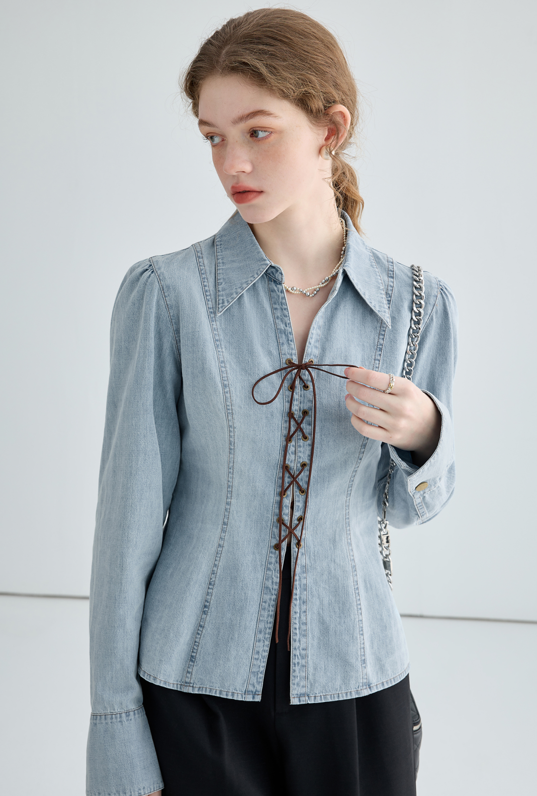 Lace-up denim blouse