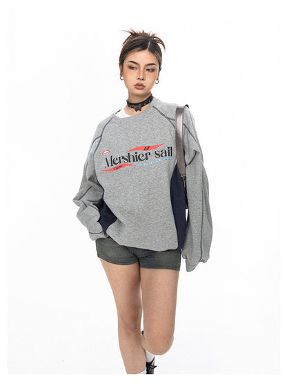 Street Casual Contrasting Top-stitch Letter Print Sweatshirt