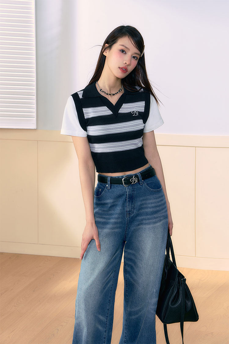 V-Neck Striped Short Knit Top