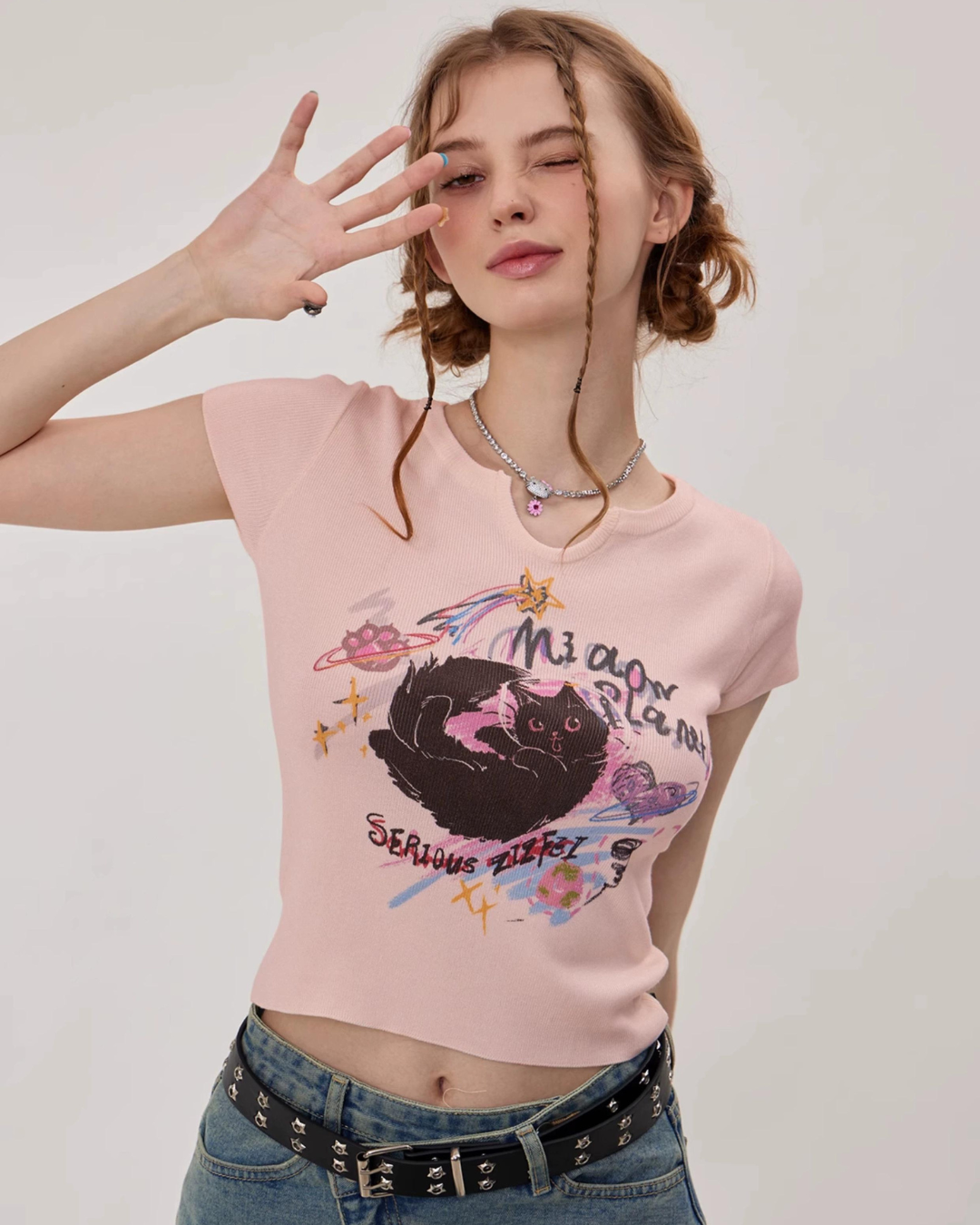 French Cat Mock Neck T-shirt