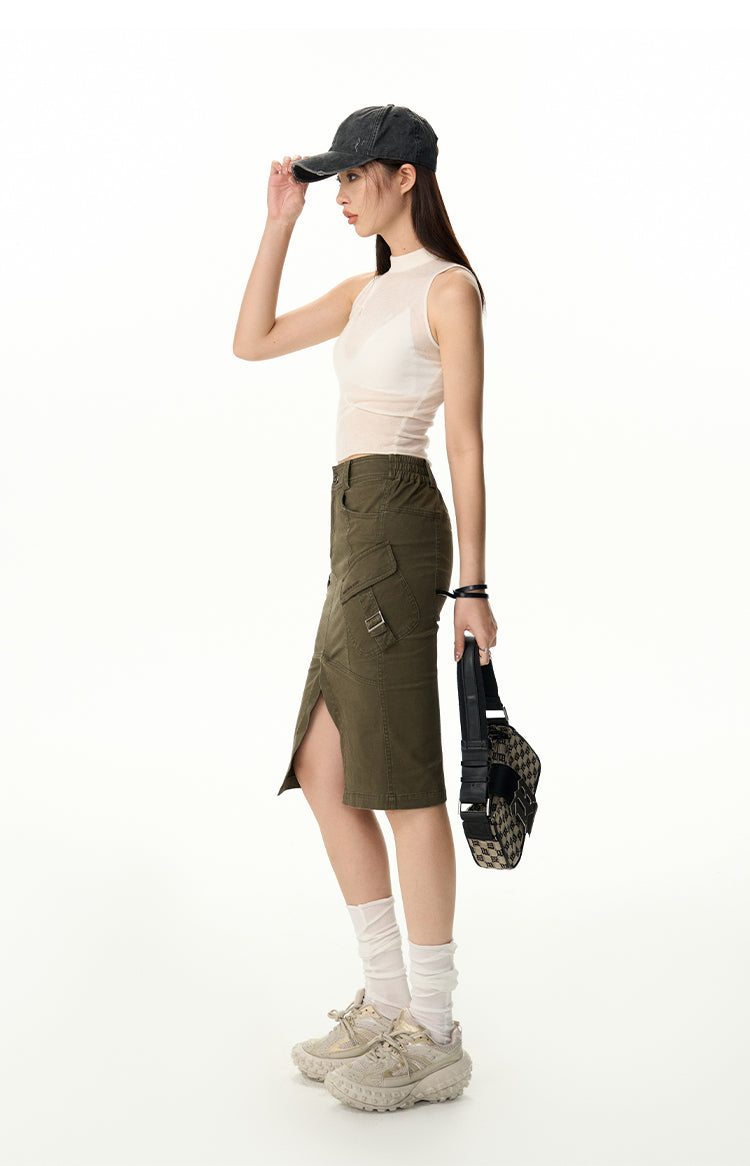 Front Slit Military Work Skirt