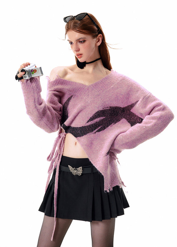 Waist Ribbon Asymmetrical V-Neck Knit