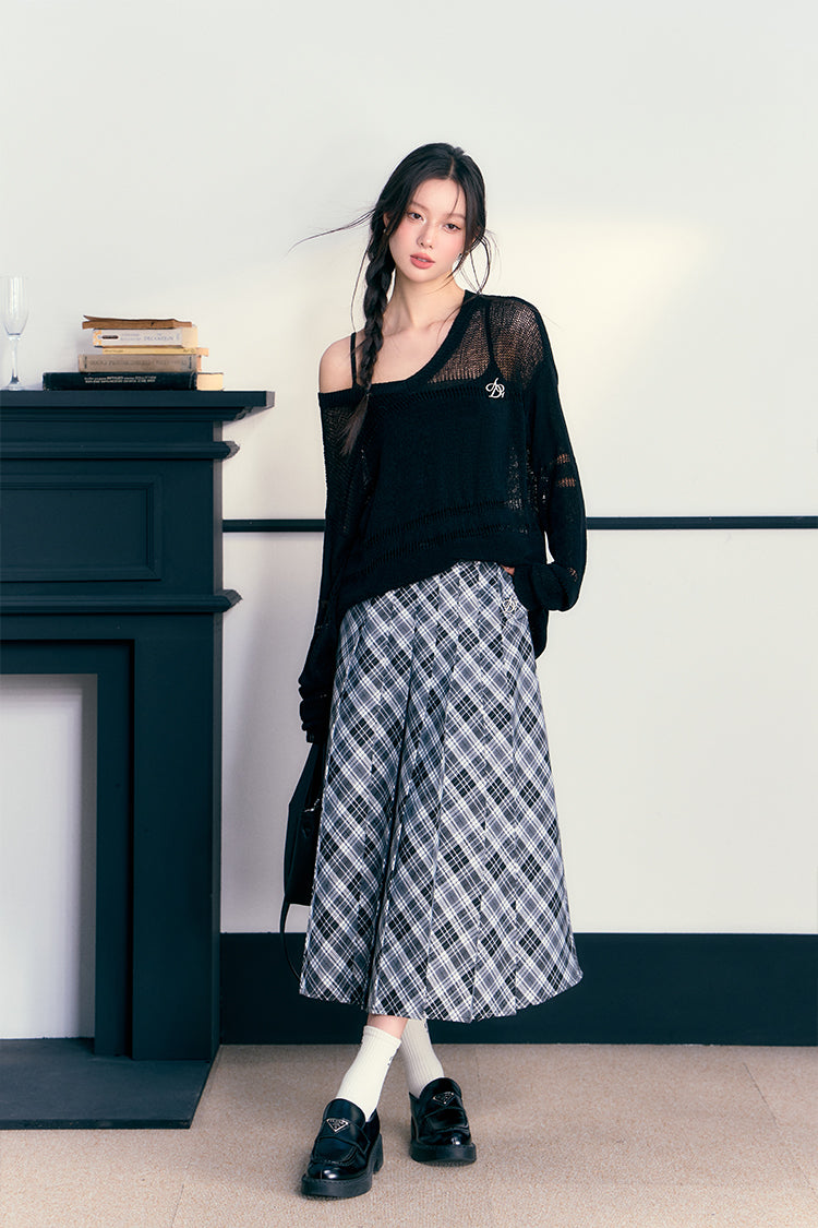 Check Pleated Long Skirt