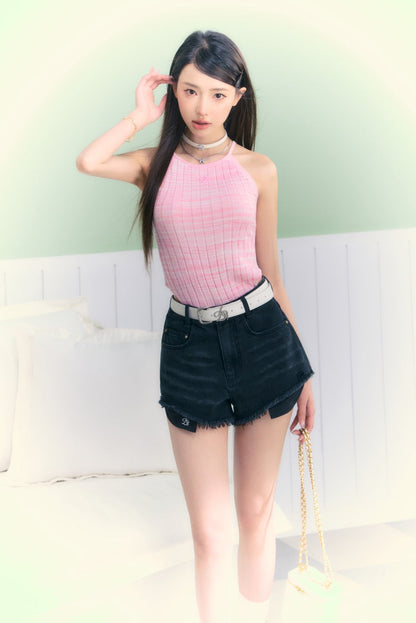 Logo Embroidery Summer Color Ribbed Knit Camisole