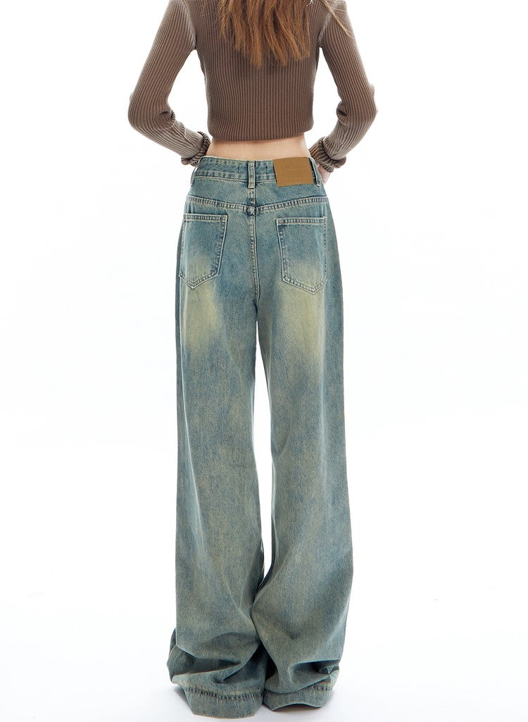 American Retro Washed Distressed Blue Micro-flared Denim