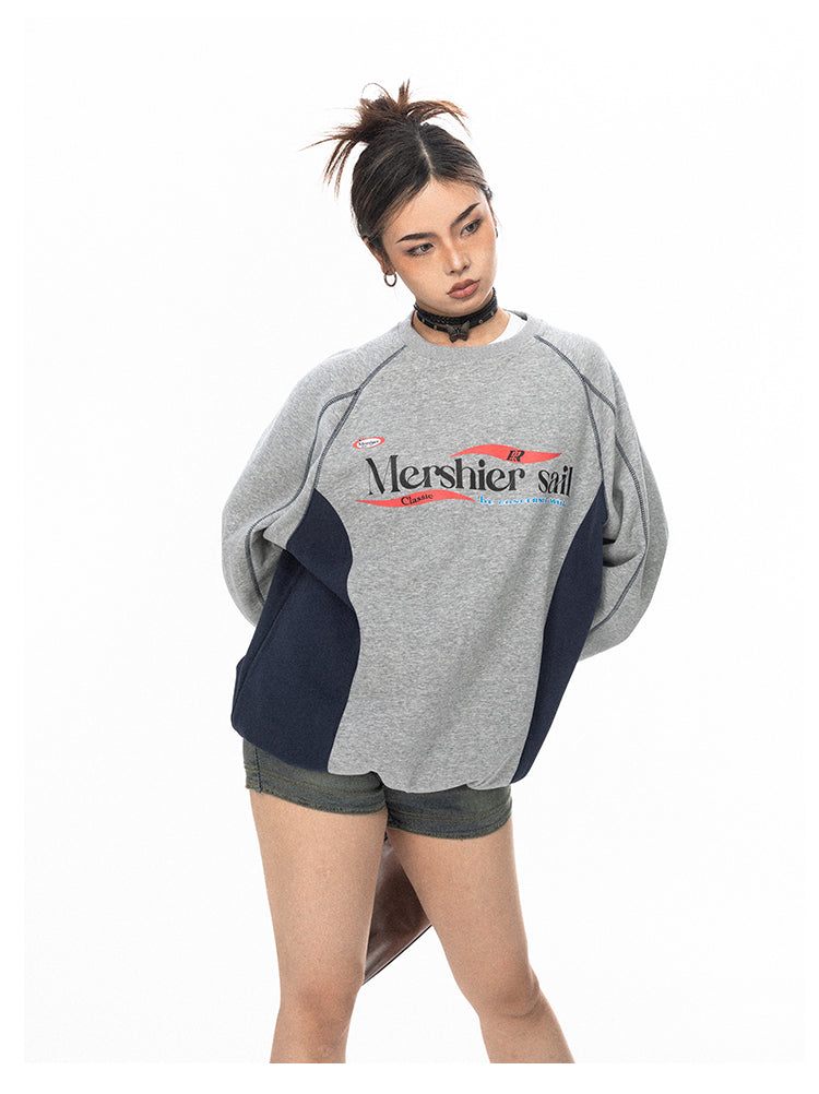 Street Casual Contrasting Top-stitch Letter Print Sweatshirt