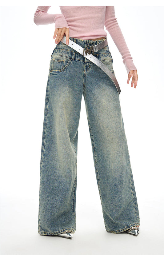 Hohe Taille doppelte Taille gerade breiter Jeans