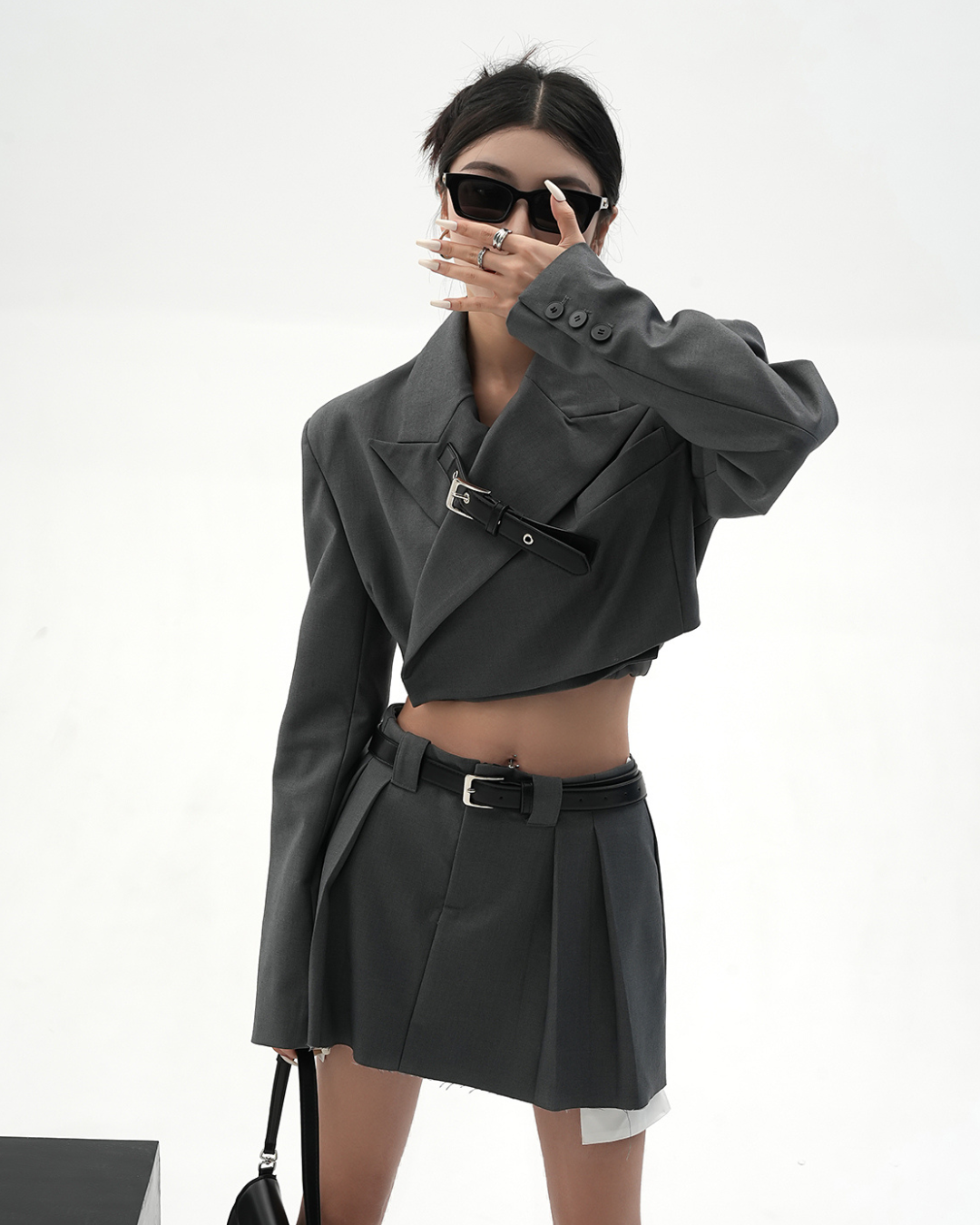 Cropped Belt Jacket & Pleated Skirt