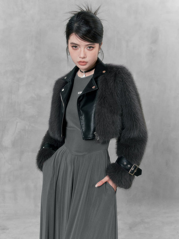 Faux layered leather fur short jacket