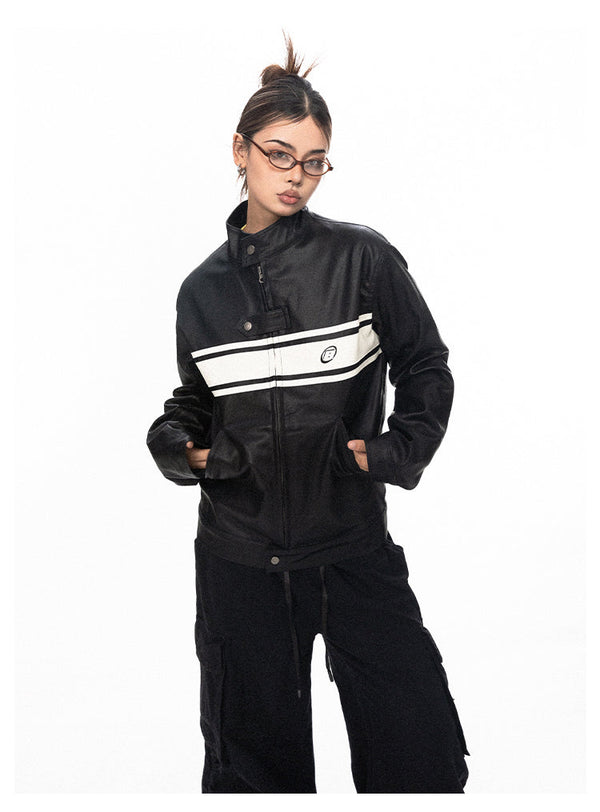 Color-blocking Casual Leather Jacket