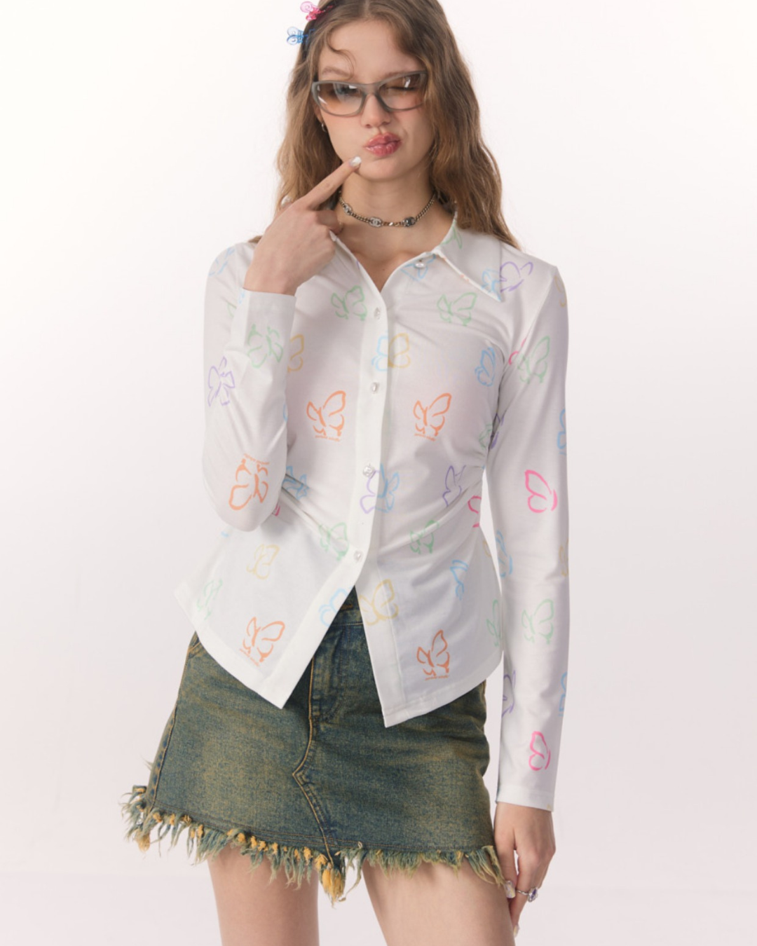 Butterfly Long Sleeve White Shirt