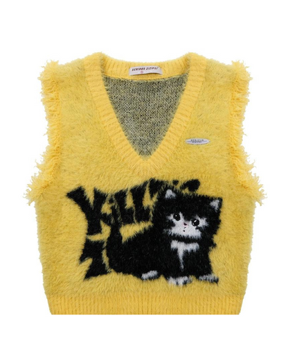 Cat Design V Neck Knit Vest