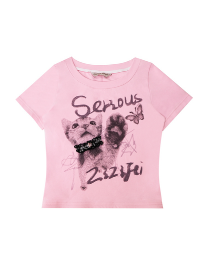 Slim Short Cat Print Round Neck T-Shirt