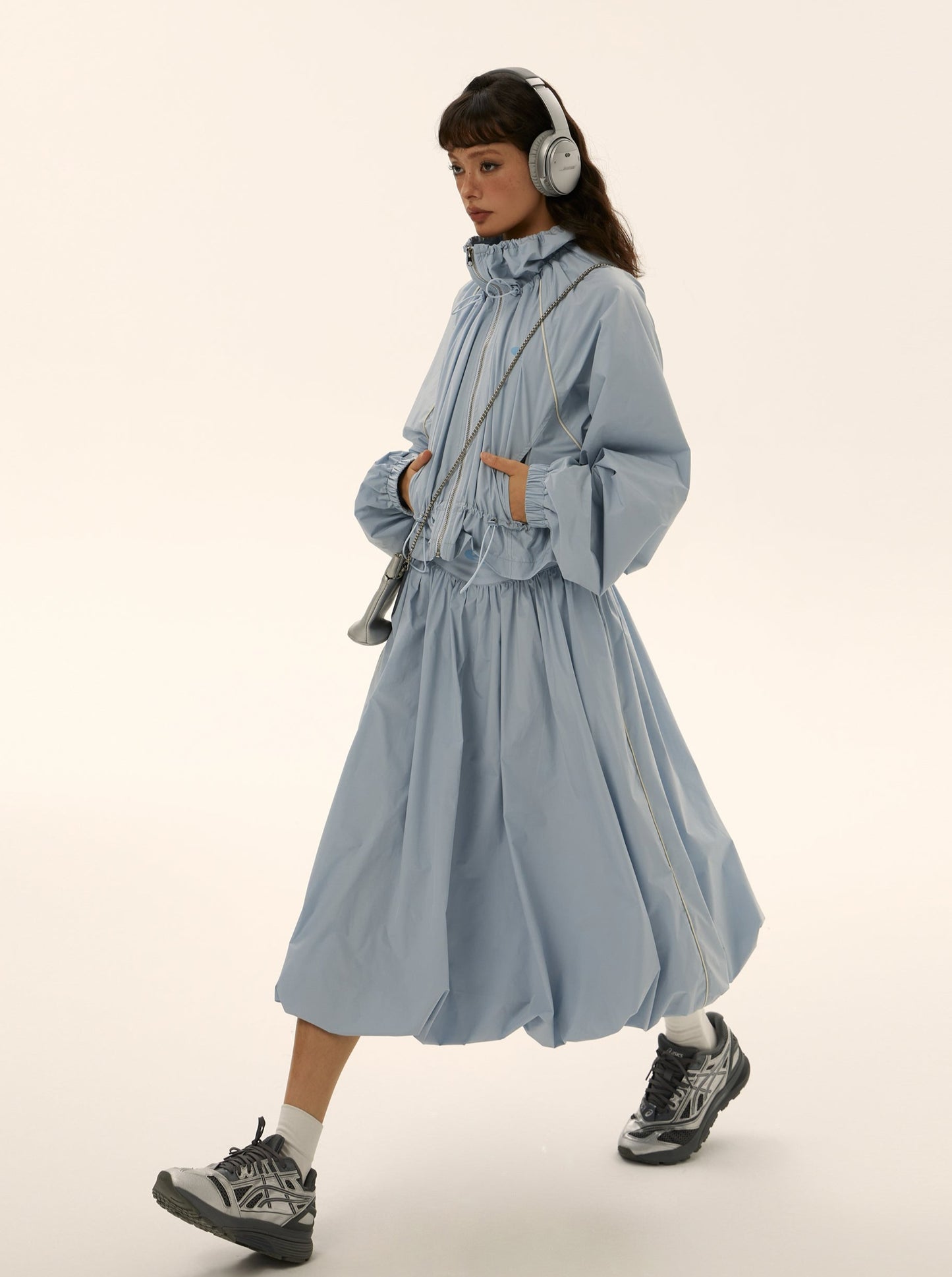 Dolman Sleeve Sporty Zip Gather Jacket & Balloon Skirt