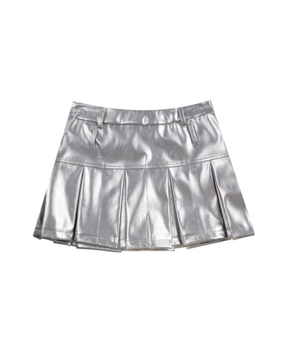 Double Belt Silver Pleated Skirt