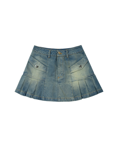 Pleated Denim Mini Skirt