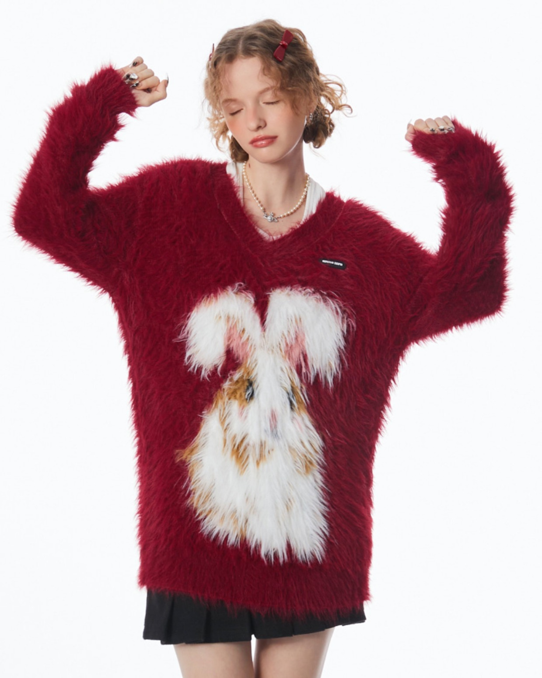 Red Advanced Rabbit V-neck Sweater