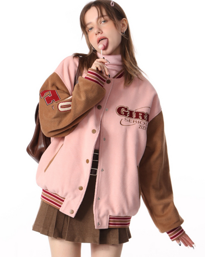 Thickened Pink Stitching Woolen Jacket