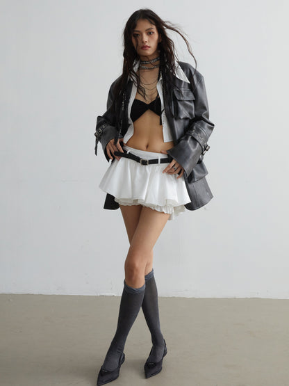 Belt Decoration White Versatile Anti-exposure Ruffled Mini Skirt