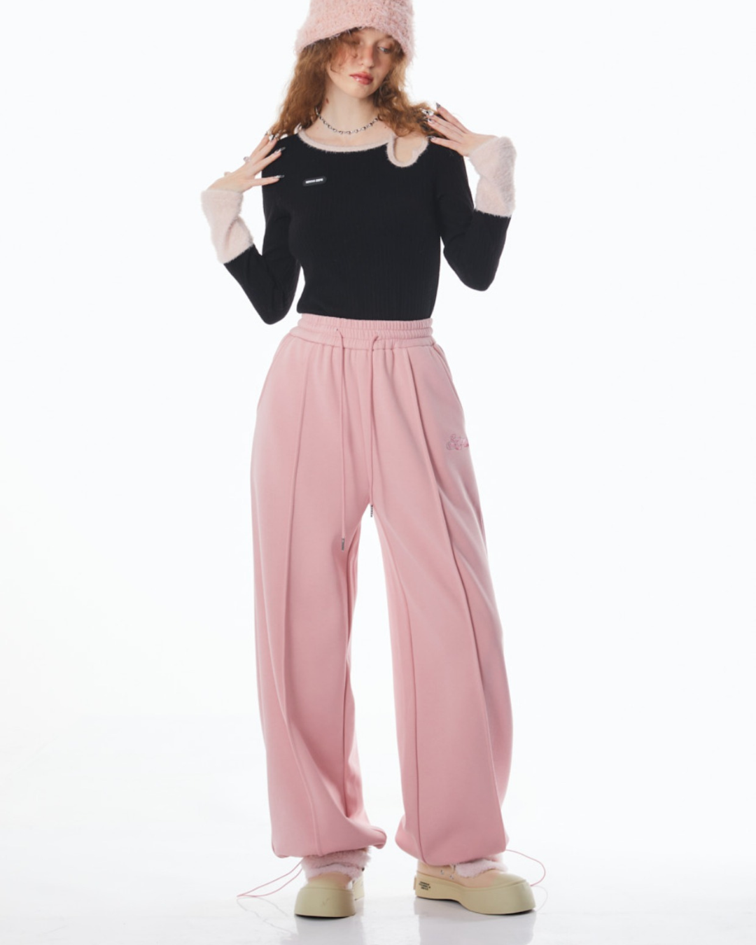 Retro Pink Velvet Wide-leg Pants