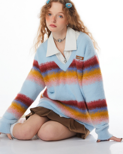 Stitching Rainbow stripes V-neck Sweater