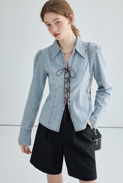 Lace-up denim blouse