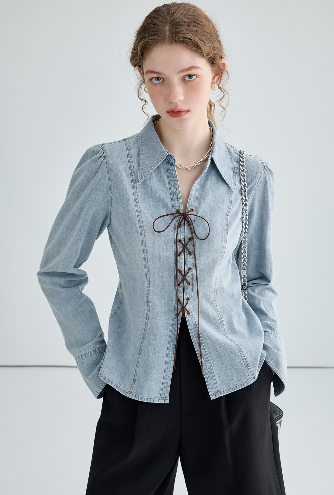 Lace-up denim blouse