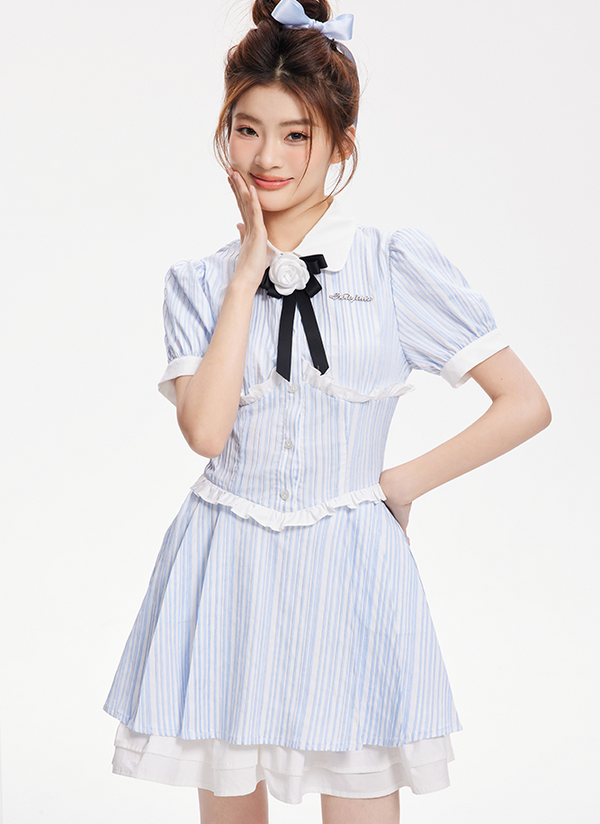 White Rose Motif Stripe Ruffle Dress
