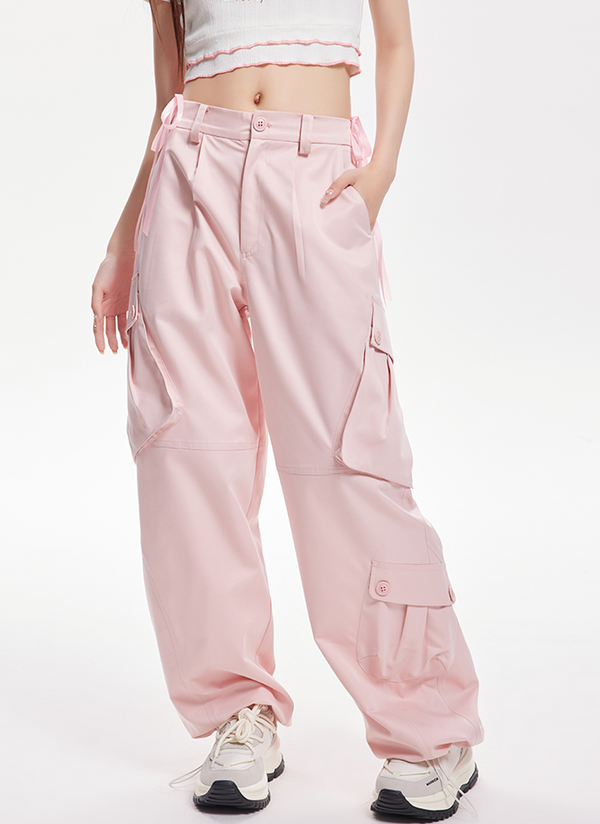 Side Ribbon Pink Wide Cargo Pants