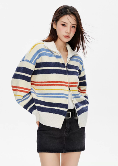 Rainbow Stripe Double Zipper Knit Cardigan