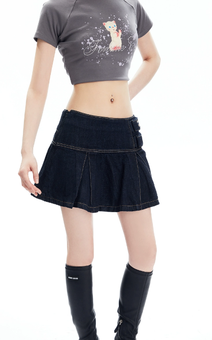 Frilled Pleated Denim Short Skirt