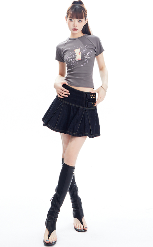 Frilled Pleated Denim Short Skirt