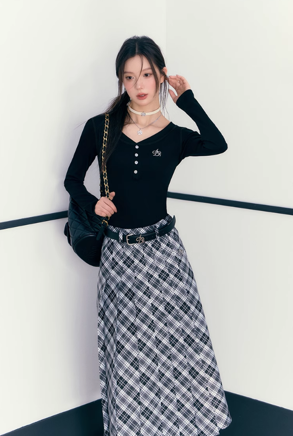 Check Pleated Long Skirt