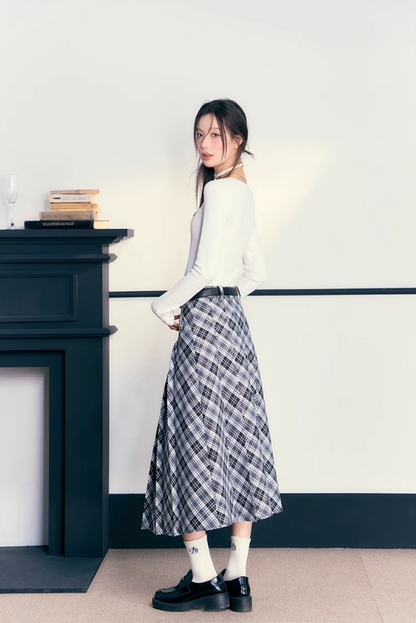 Check Pleated Long Skirt