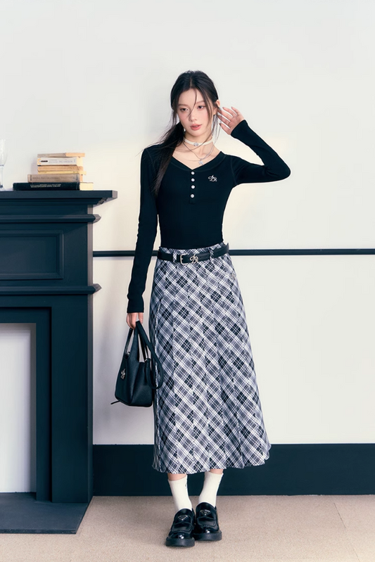 Check Pleated Long Skirt