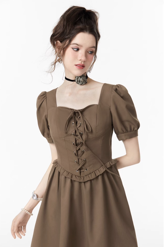 Lace-up puff sleeve dress