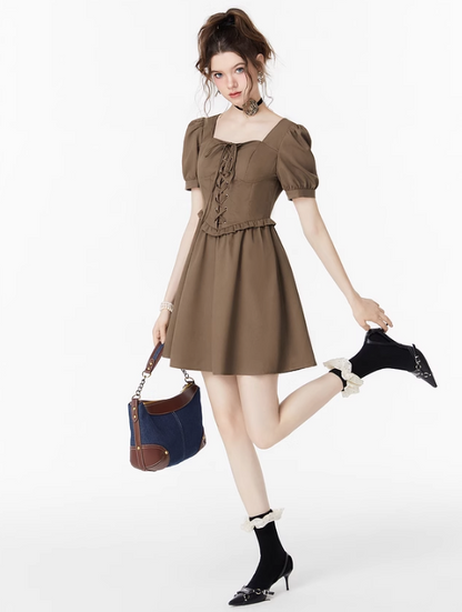 Lace-up puff sleeve dress