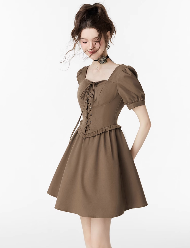 Lace-up puff sleeve dress