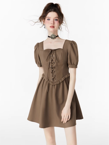 Lace-up puff sleeve dress