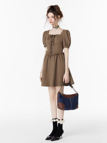 Lace-up puff sleeve dress