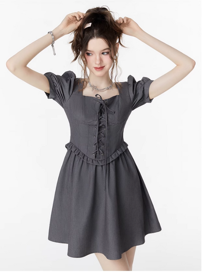 Lace-up puff sleeve dress