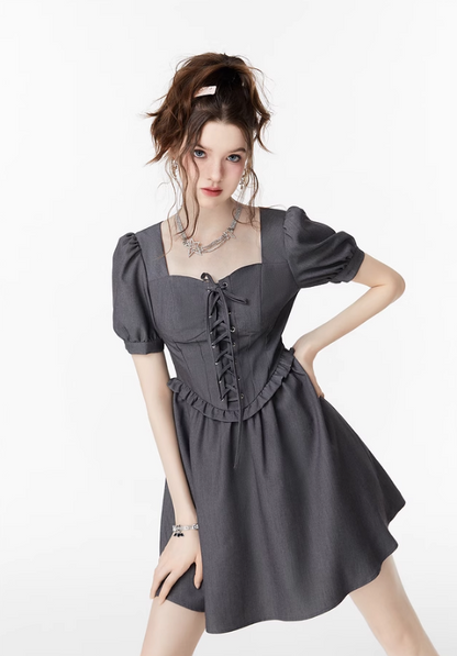 Lace-up puff sleeve dress