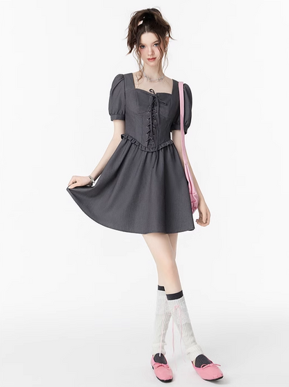 Lace-up puff sleeve dress