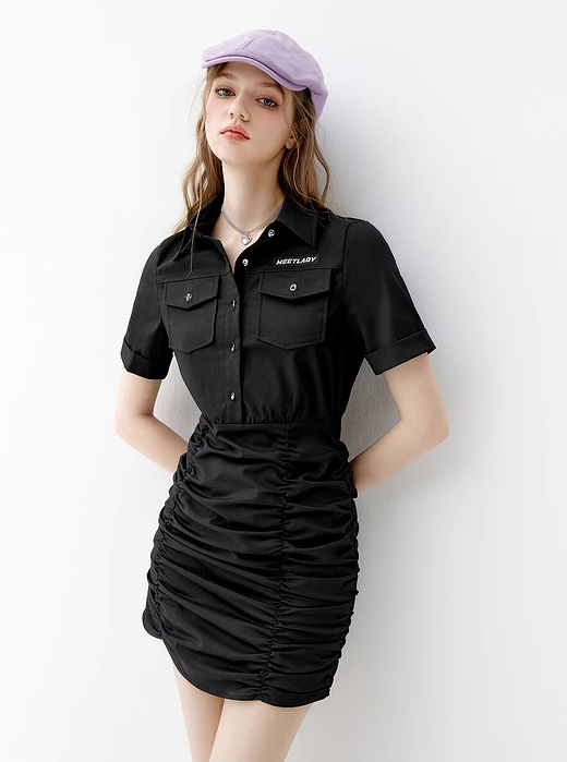 Gathered Black Shirt Dress