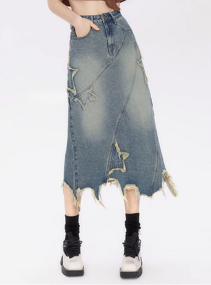 Damaged Star Design Denim Skirt