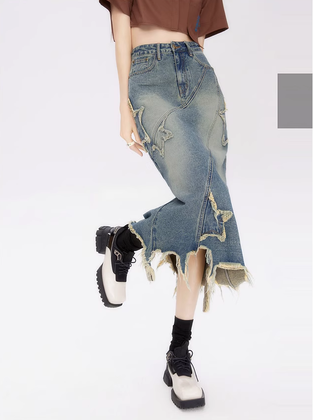 Damaged Star Design Denim Skirt