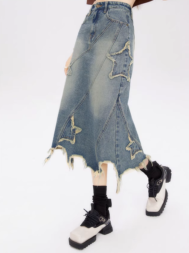 Damaged Star Design Denim Skirt