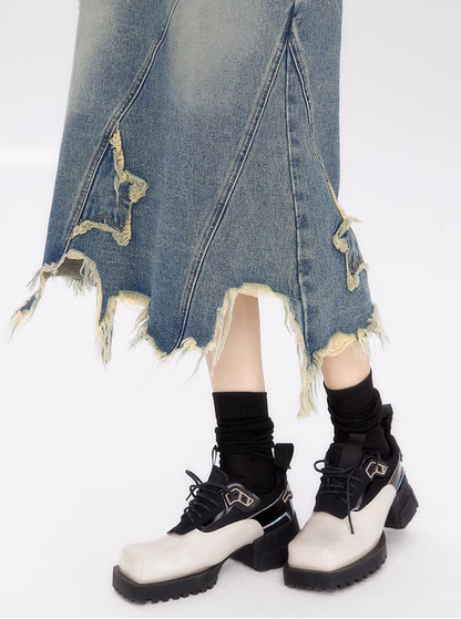 Damaged Star Design Denim Skirt