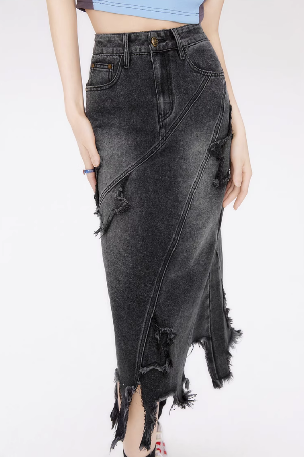 Damaged Star Design Denim Skirt